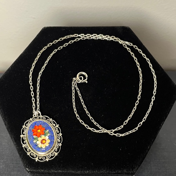Jewelry - Vintage Micro Mosaic Floral Art Tiles in‎ Filigree Silver Pendant Necklace Italy